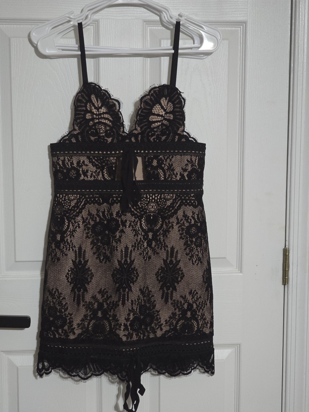 Black Lace-Overlay Mini Dress with Nude Lining